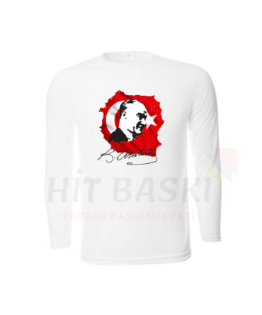 Cumhuriyet Bayramı 29 Ekim Atatürk Baskılı Uzun Kollu Tişört Çocuk Tişörtü Beyaz Tshirt Okullara Toptan