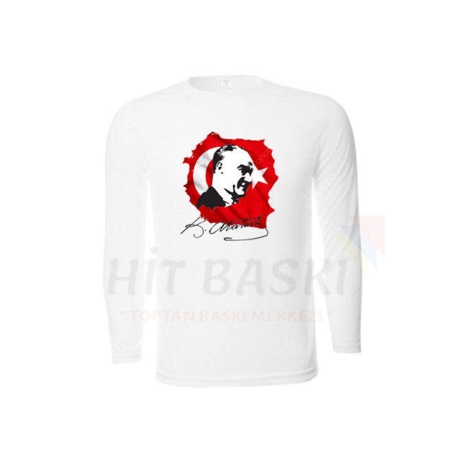 Cumhuriyet Bayramı 29 Ekim Atatürk Baskılı Uzun Kollu Tişört Çocuk Tişörtü Beyaz Tshirt Okullara Toptan