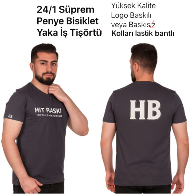 Antrasit Gri 24/1 Füme Süprem Bisiklet Yaka İş Tişörtü | %100 Pamuk Logo Baskılı Baskısız Yüksek Kalite Penye Tişört Kolları Pazı Bantlı