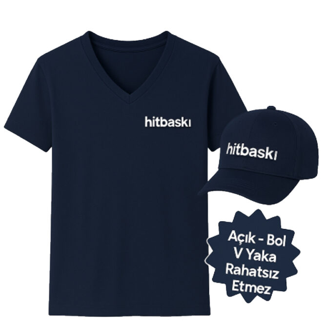 Lacivert Logo Baskılı Açık V Yaka İş Tişörtü & Şapka | Kurumsal Kimlik İçin Şık ve Rahat Seçim (10 Adet Üzeri Toptan Fiyat)