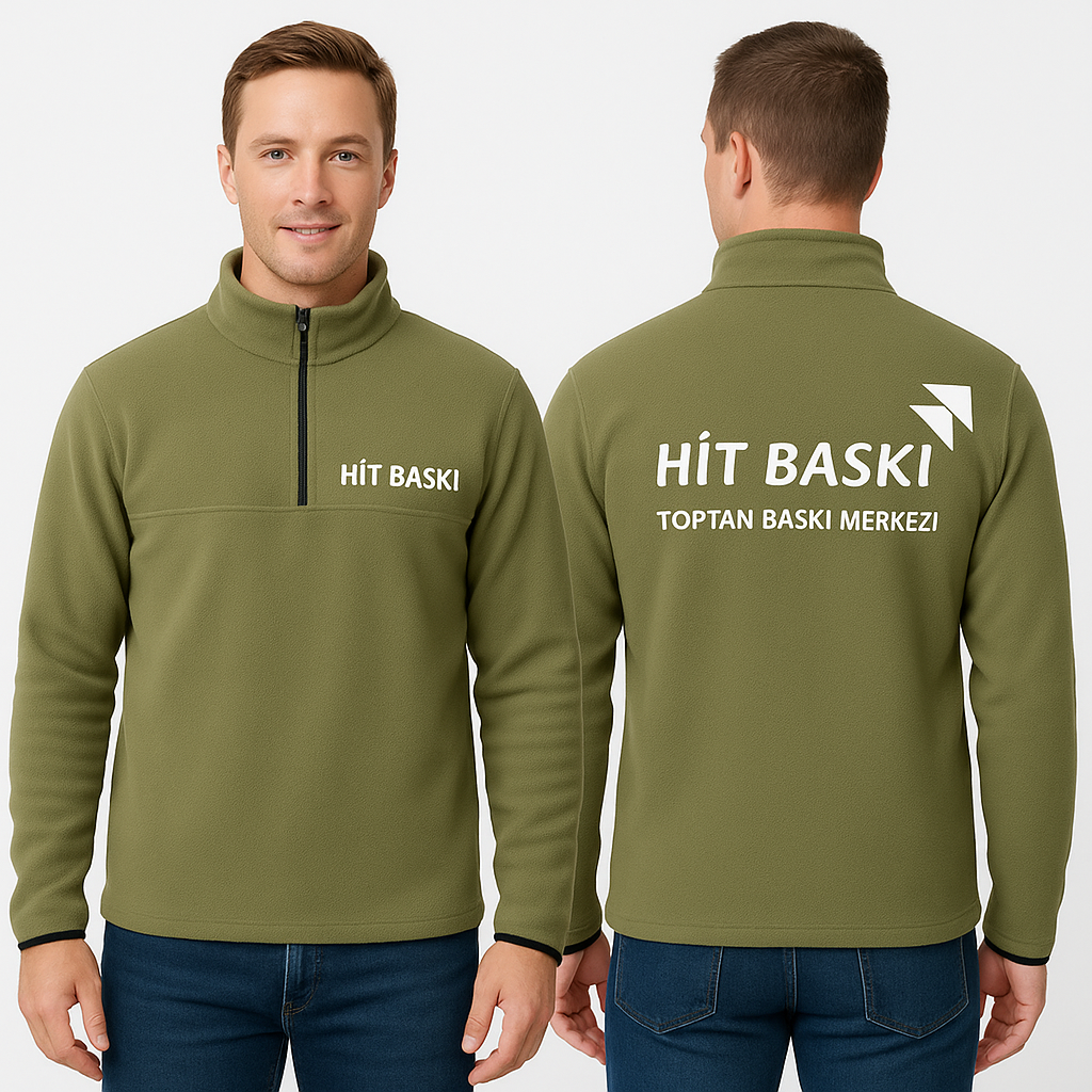 Firmalara Özel Logo Baskılı Yarım Fermuar Haki Yeşil Polar Mont – Kurumsal Kışlık İş Kıyafeti 10 Adet Üzeri Toptan Satış