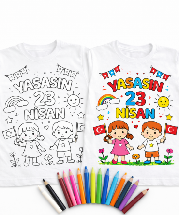 23 Nisan Özel Boyanabilir Çocuk Tişörtü – Yaşasın 23 Nisan Baskılı, Eğitici & Eğlenceli Boyama Tişörtü