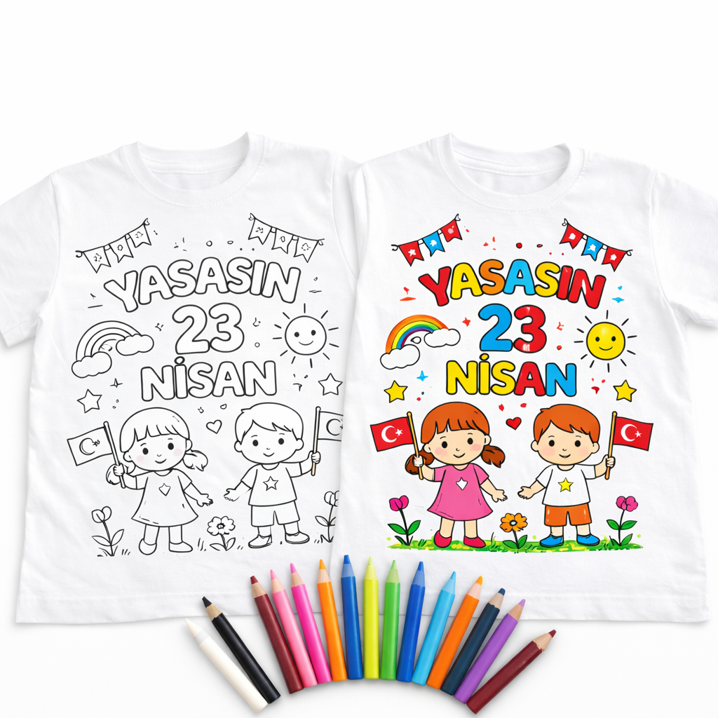 23 Nisan Özel Boyanabilir Çocuk Tişörtü – Yaşasın 23 Nisan Baskılı, Eğitici & Eğlenceli Boyama Tişörtü