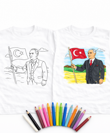 Atatürk ve Türk Bayrağı Boyanabilir Çocuk Tişörtü – Baskılı, Eğitici & Eğlenceli Boyama Tişört