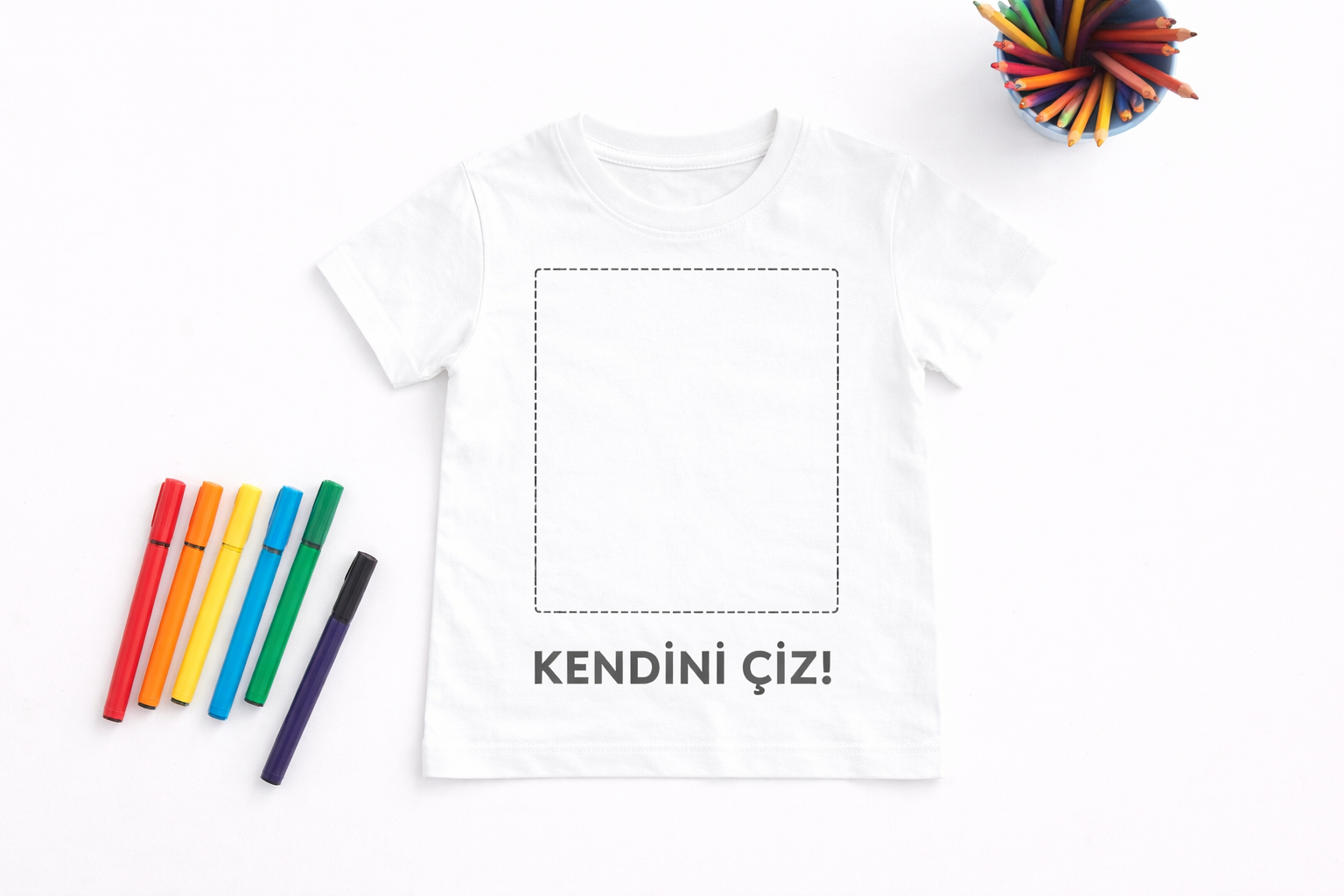 Kendini Çiz Çocuk Tişörtü – Boyanabilir Eğitici Tişört | Yaratıcı Çocuk Etkinliği (Boş Baskısız Tişört)