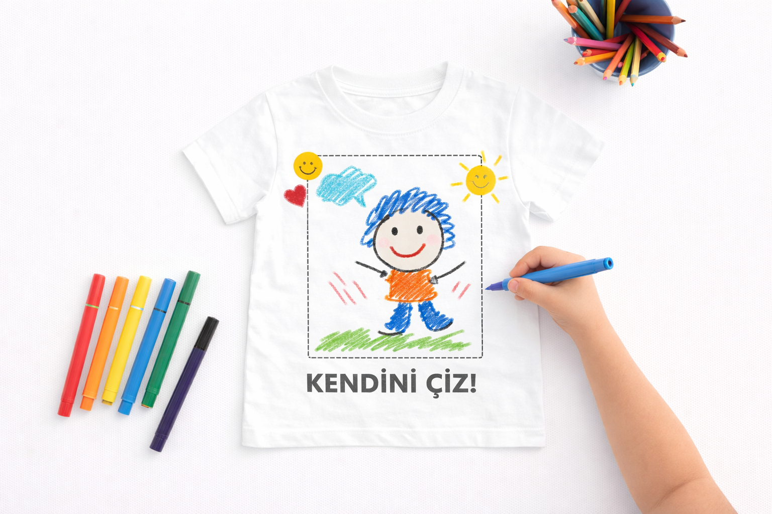 Kendini Çiz Çocuk Tişörtü – Boyanabilir Eğitici Tişört | Yaratıcı Çocuk Etkinliği (Boş Baskısız Tişört) - Görsel 2