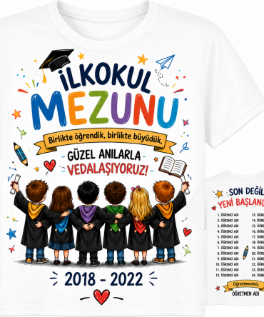 İlkokul Mezuniyet Tişörtü Tek Tek İsimli Ön Arka BaskıIı Kişiye Özel (SINIFLARA TOPLU SATIŞTIR)