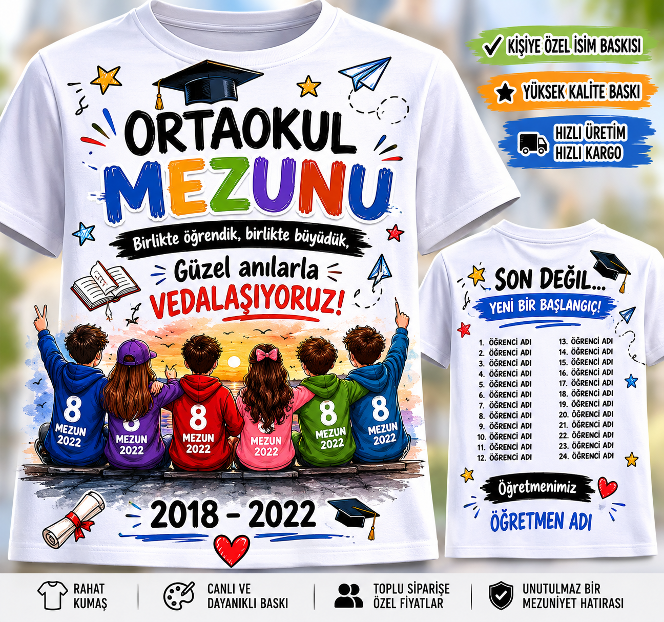 Ortaokul Mezuniyet Tişörtü Tek Tek İsimli Ön Arka BaskıIı Kişiye Özel (SINIFLARA TOPLU SATIŞTIR)